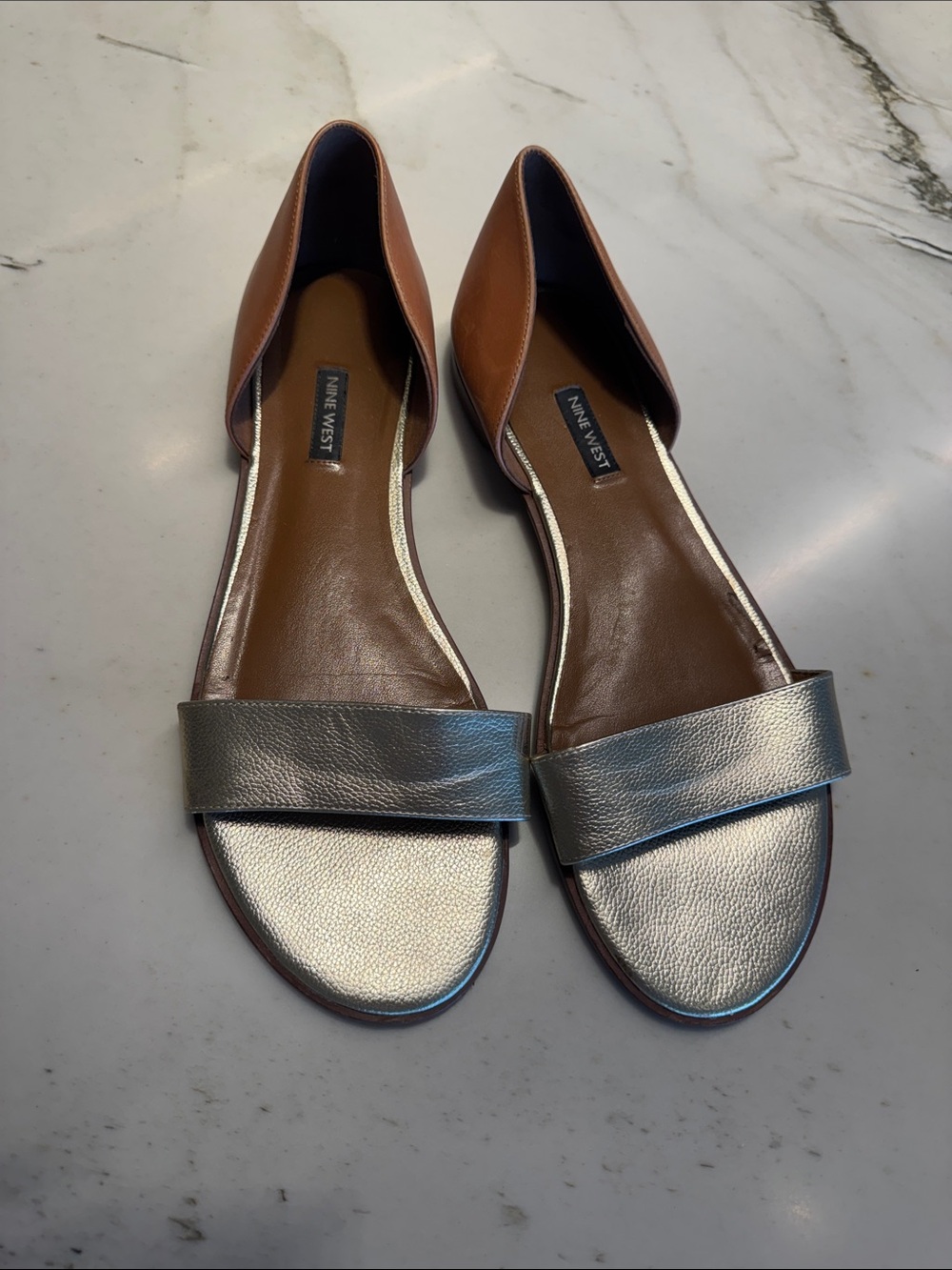 Nine West Gold and Brown D'Orsay Flat Sandals